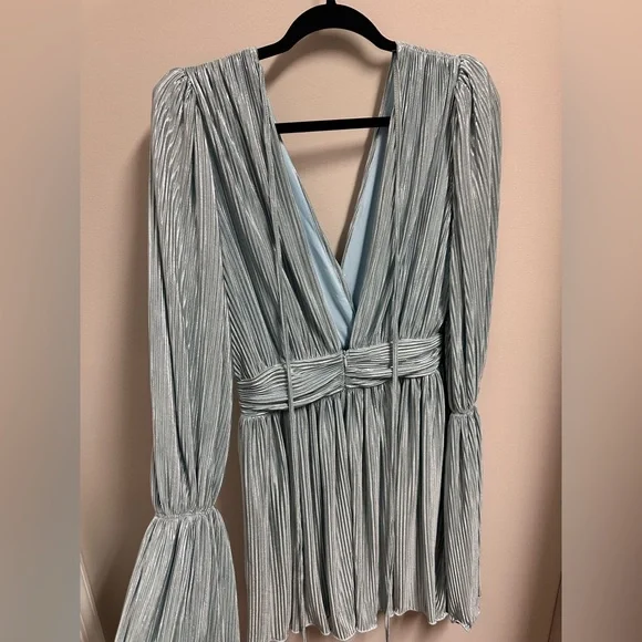 Elegant Vintage Dress Silver V-Neck Ballon sleeves Cinched waist - Size L - Picture 9 of 11